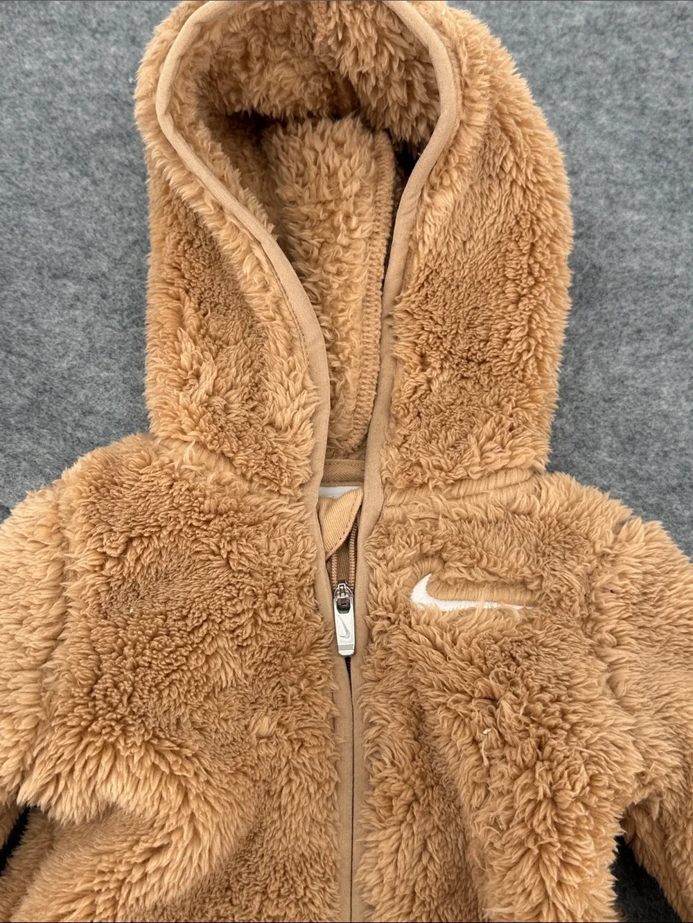 Nike convertible teddy bear Plush Hooded One-Piece in Tan full zip up